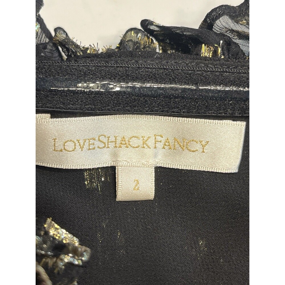 LoveShackFancy Black Silk Gold Metallic Star Maxi Off Shoulder Chiffon Dress 2 - Picture 9 of 16